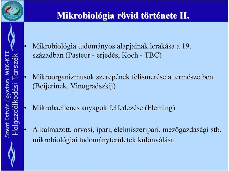 természetben (Beijerinck, Vinogradszkij) Mikrobaellenes anyagok felfedezése (Fleming)