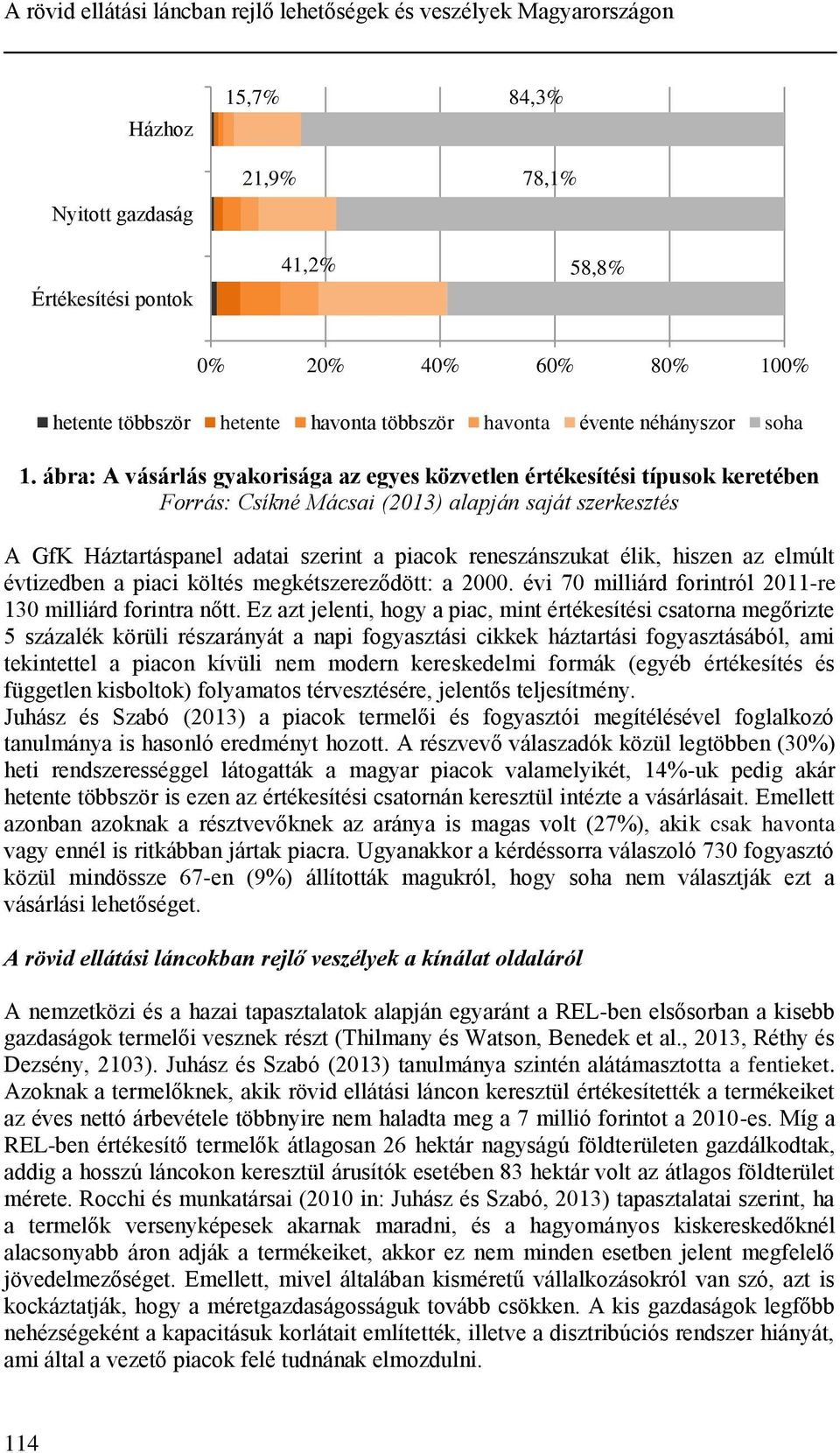 ábra: A vásárlás gyakorisága az egyes közvetlen értékesítési típusok keretében Forrás: Csíkné Mácsai (2013) alapján saját szerkesztés A GfK Háztartáspanel adatai szerint a piacok reneszánszukat élik,
