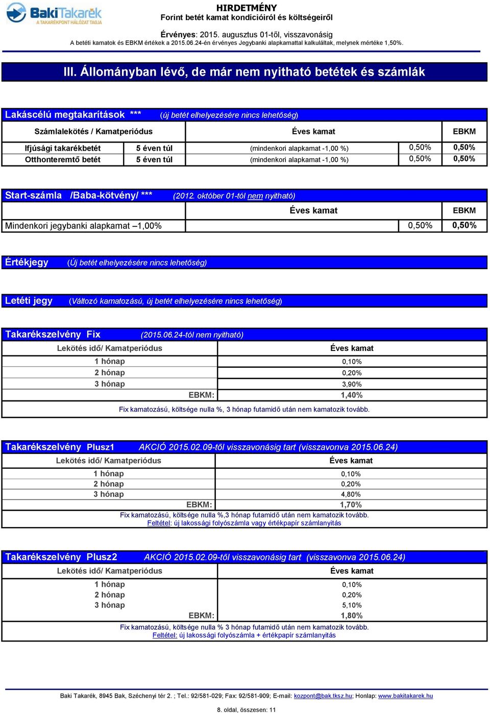 (mindenkori -1,00 %) 0,50% 0,50% Otthonteremtő betét 5 éven túl (mindenkori -1,00 %) 0,50% 0,50% Start-számla /Baba-kötvény/ *** (2012.