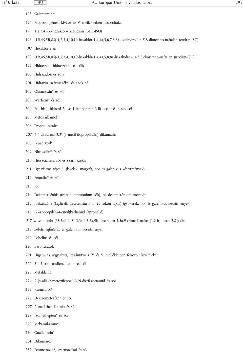 (1R,4S,5R,8S)-1,2,3,4,10,10-hexaklór-1,4,4a,5,8,8a-hexahidro-1,4;5,8-dimetano-naftalén (izodrin-iso) 199. Hidrasztin, hidrasztinin és sóik 200. Hidrazidok és sóik 201.