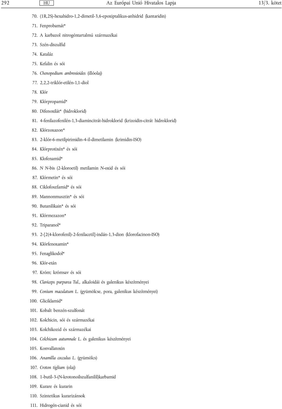 4-fenilazofenilén-1,3-diamincitrát-hidroklorid (krizoidin-citrát hidroklorid) 82. Klórzoxazon* 83. 2-klór-6-metilpirimidin-4-il-dimetilamin (krimidin-iso) 84. Klórprotixén* és sói 85. Klofenamid* 86.