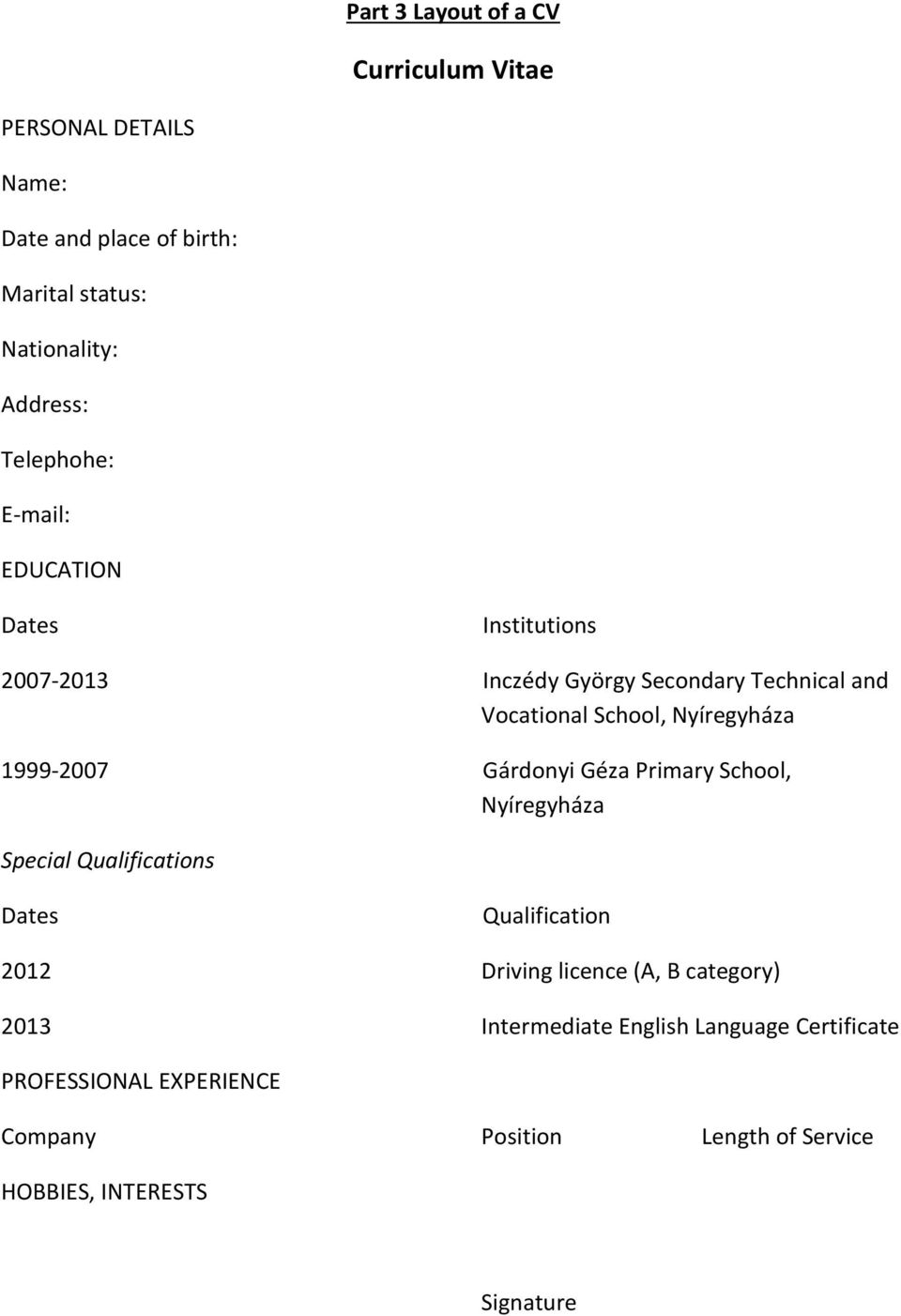 1999-2007 Gárdonyi Géza Primary School, Nyíregyháza Special Qualifications Dates Qualification 2012 Driving licence (A, B