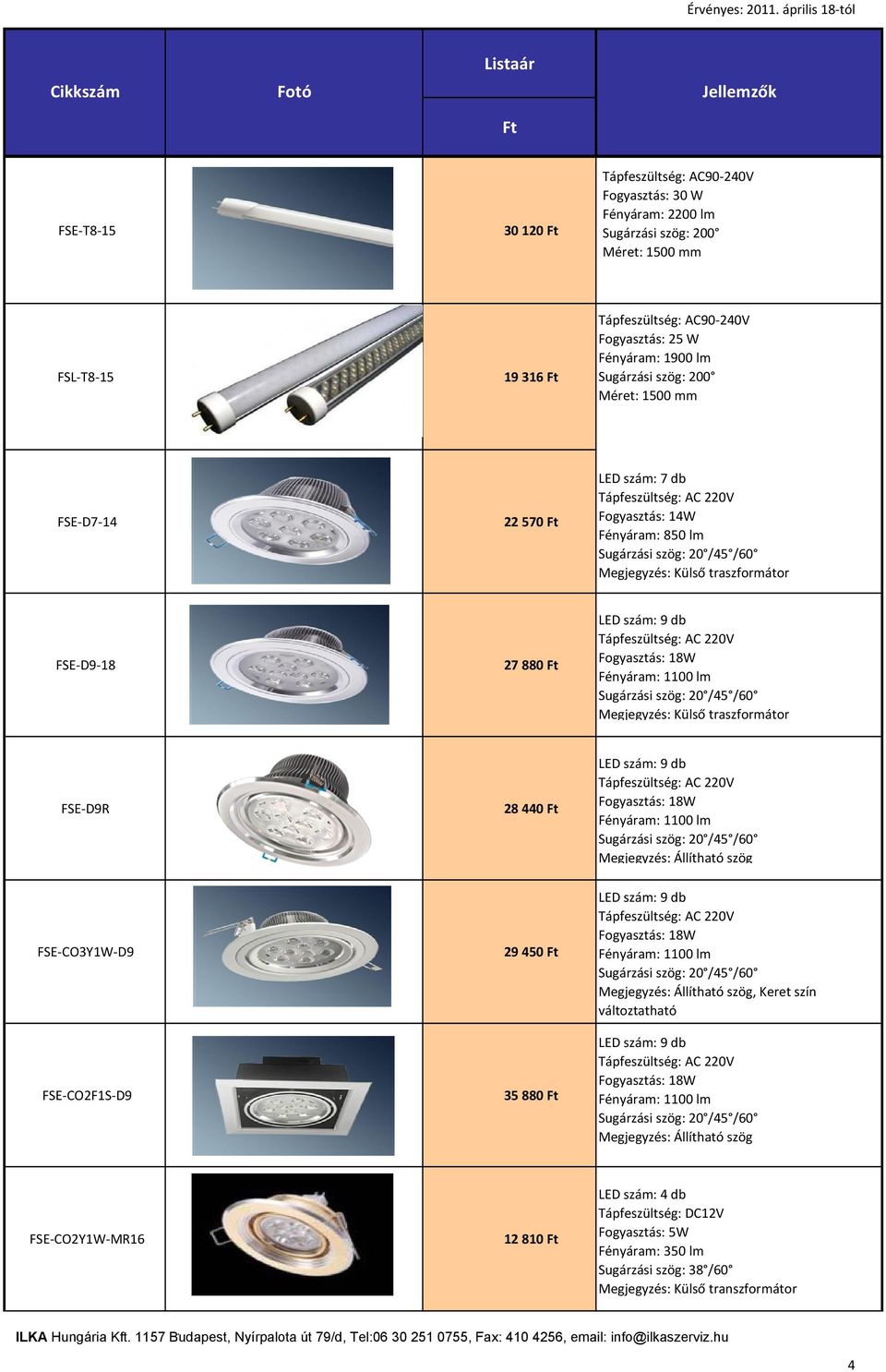 traszformátor FSE-D9R 28 440 Fogyasztás: 18W Megjegyzés: Állítható szög FSE-CO3Y1W-D9 FSE-CO2F1S-D9 29 450 35 880 Fogyasztás: 18W