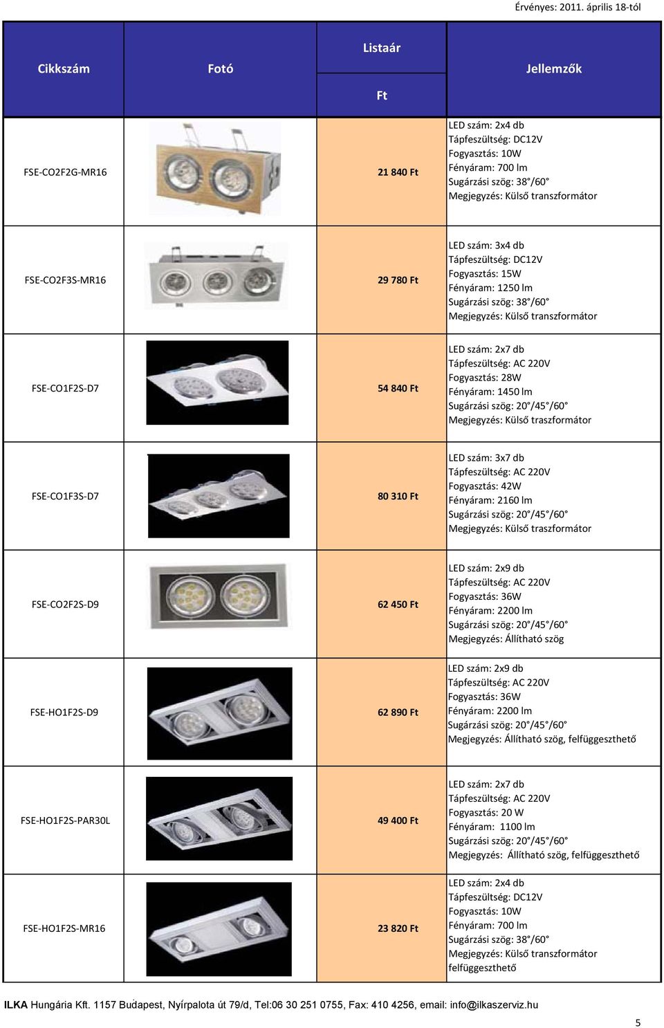 LED szám: 2x9 db Fogyasztás: 36W Fényáram: 2200 lm Megjegyzés: Állítható szög FSE-HO1F2S-D9 62 890 LED szám: 2x9 db Fogyasztás: 36W Fényáram: 2200 lm Megjegyzés: Állítható szög,