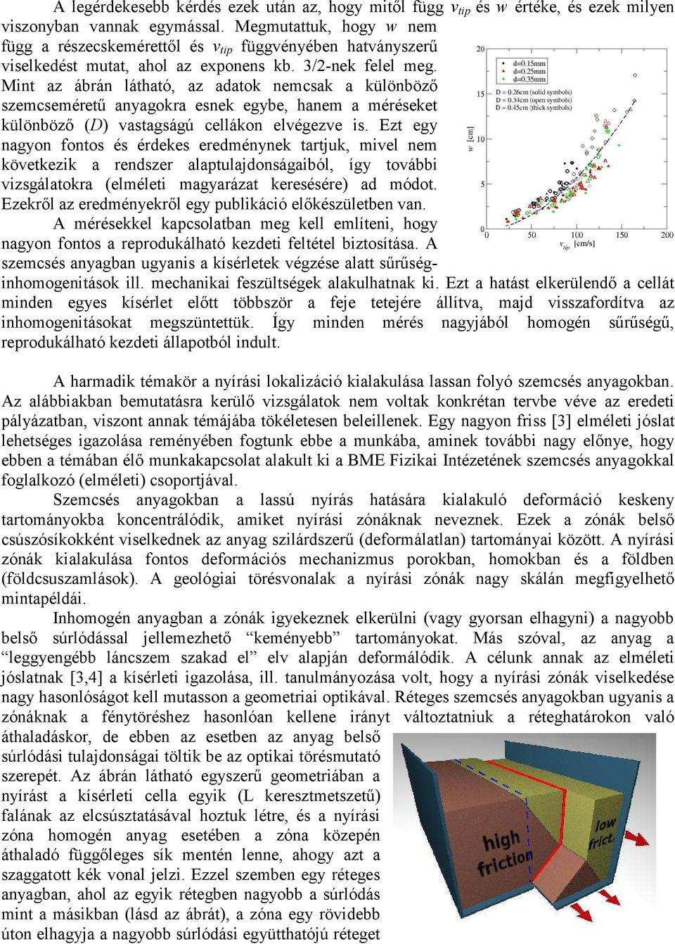 Mint az ábrán látható, az adatok nemcsak a különböző szemcseméretű anyagokra esnek egybe, hanem a méréseket különböző (D) vastagságú cellákon elvégezve is.