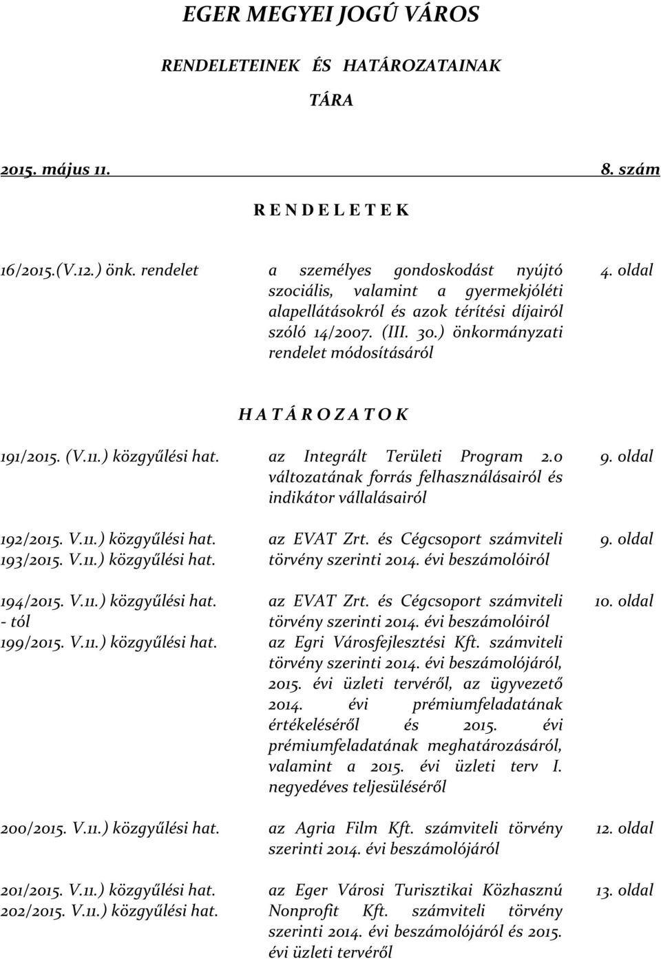 oldal H A T Á R O Z A T O K 191/2015. (V.11.) közgyűlési hat. az Integrált Területi Program 2.0 változatának forrás felhasználásairól és indikátor vállalásairól 9. oldal 192/2015. V.11.) közgyűlési hat. 193/2015.