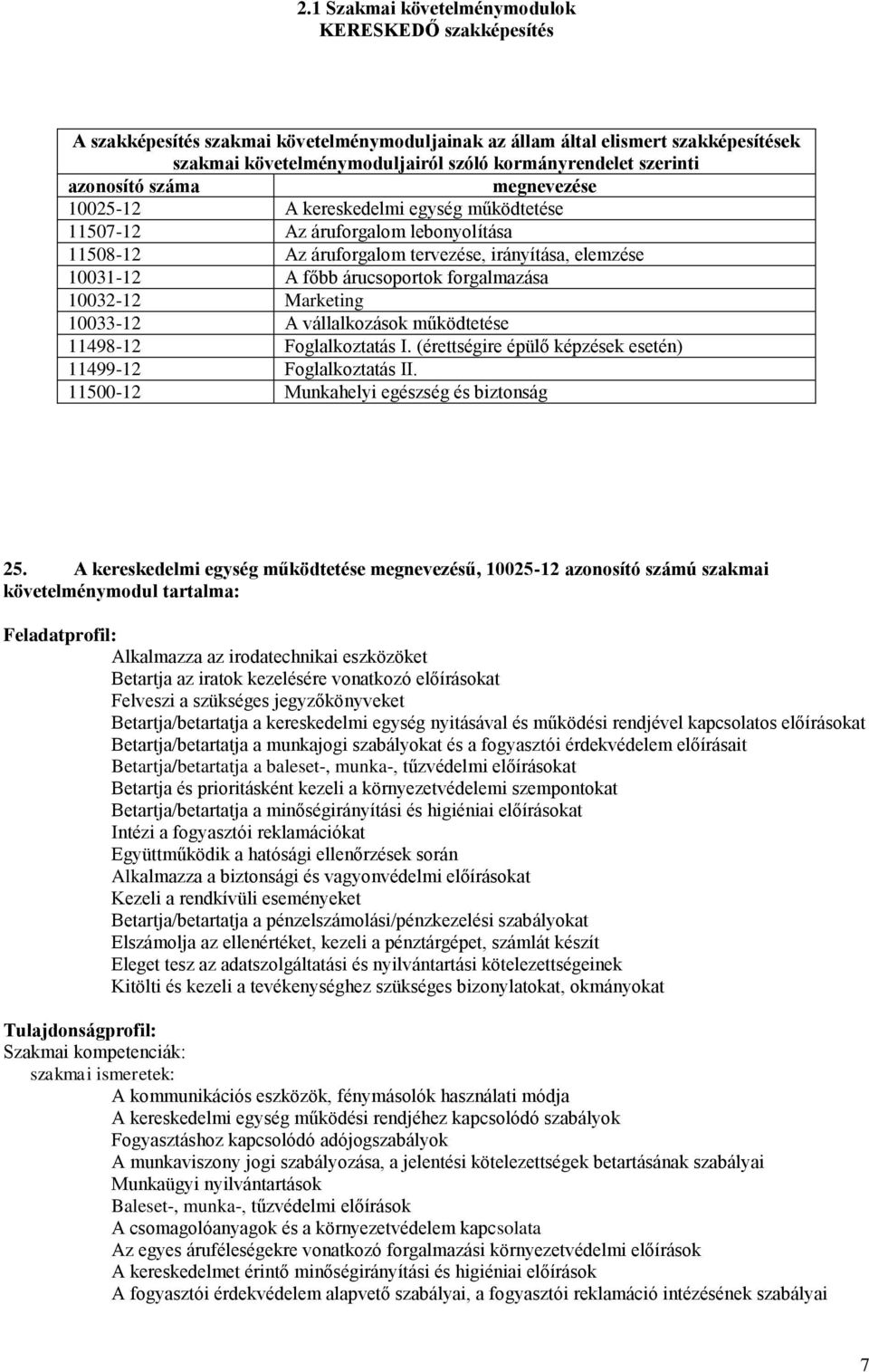 árucsoportok forgalmazása 10032-12 Marketing 10033-12 A vállalkozások működtetése 11498-12 Foglalkoztatás I. (érettségire épülő képzések esetén) 11499-12 Foglalkoztatás II.