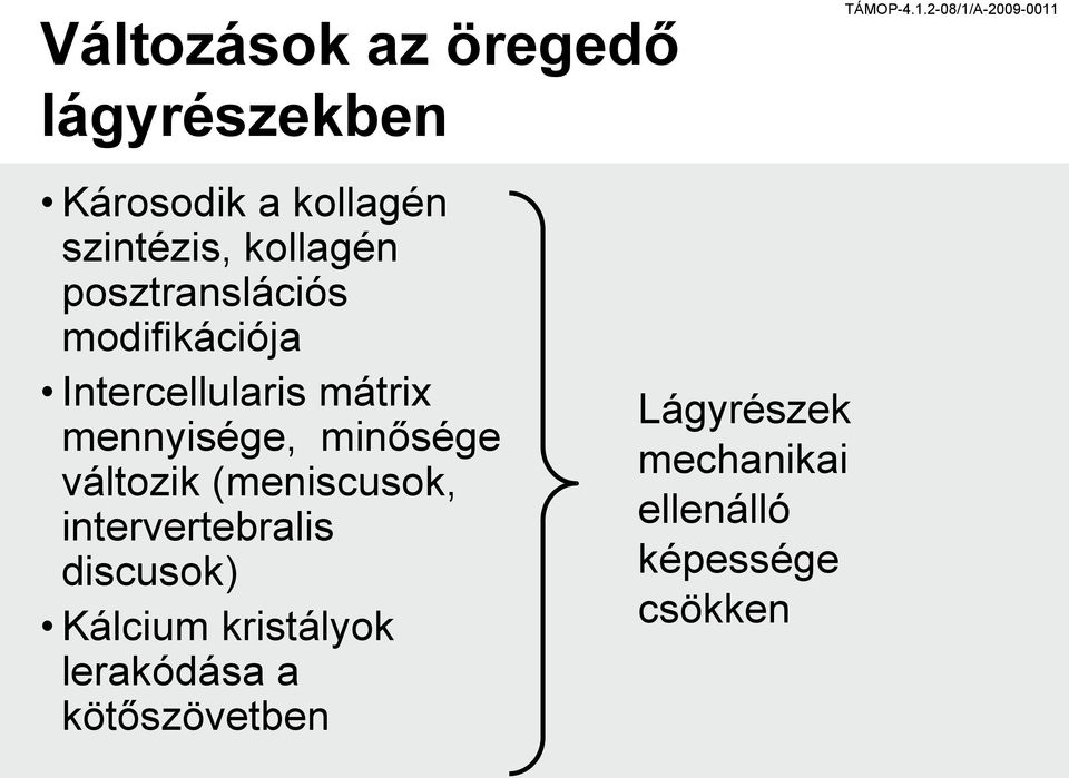 modifikációja Intercellularis mátrix mennyisége, minősége változik (meniscusok,