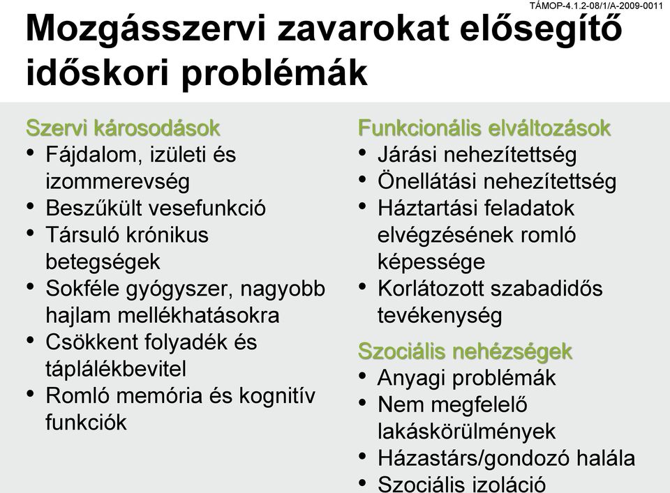 funkciók Funkcionális elváltozások Járási nehezítettség Önellátási nehezítettség Háztartási feladatok elvégzésének romló képessége