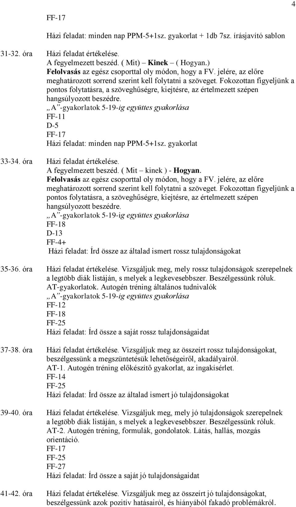 Fokozottan figyeljünk a pontos folytatásra, a szöveghűségre, kiejtésre, az értelmezett szépen hangsúlyozott beszédre. FF-11 D-5 FF-17 Házi feladat: minden nap PPM-5+1sz. gyakorlat 33-34.