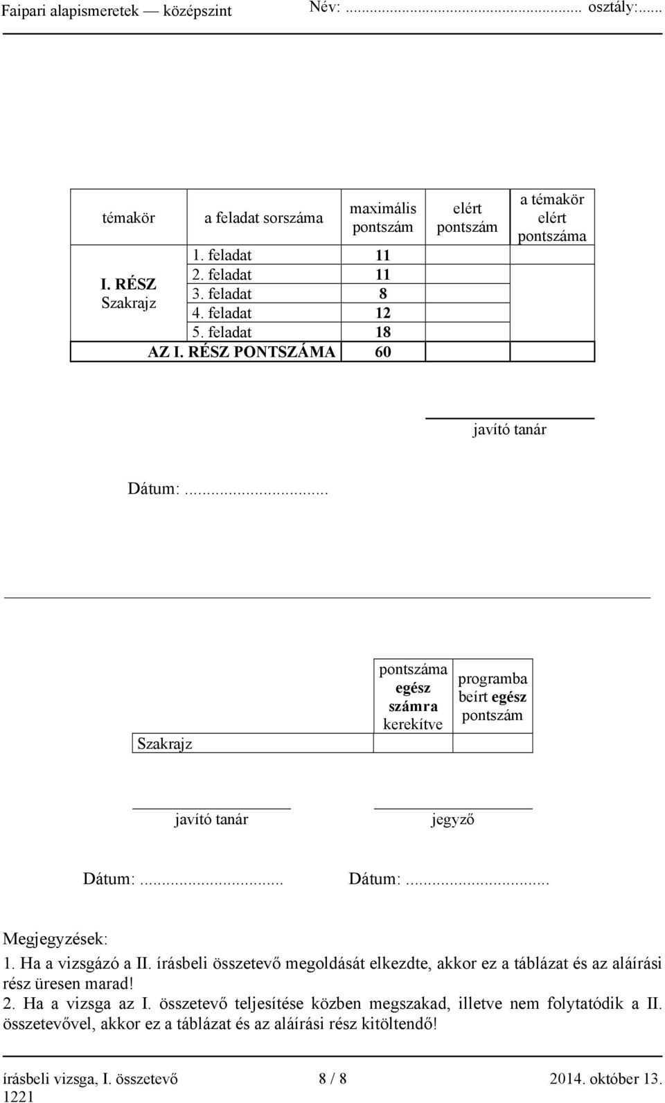 .. Szakrajz pontszáma egész számra kerekítve programba beírt egész pontszám javító tanár jegyző Dátum:... Dátum:... Megjegyzések: 1. Ha a vizsgázó a II.