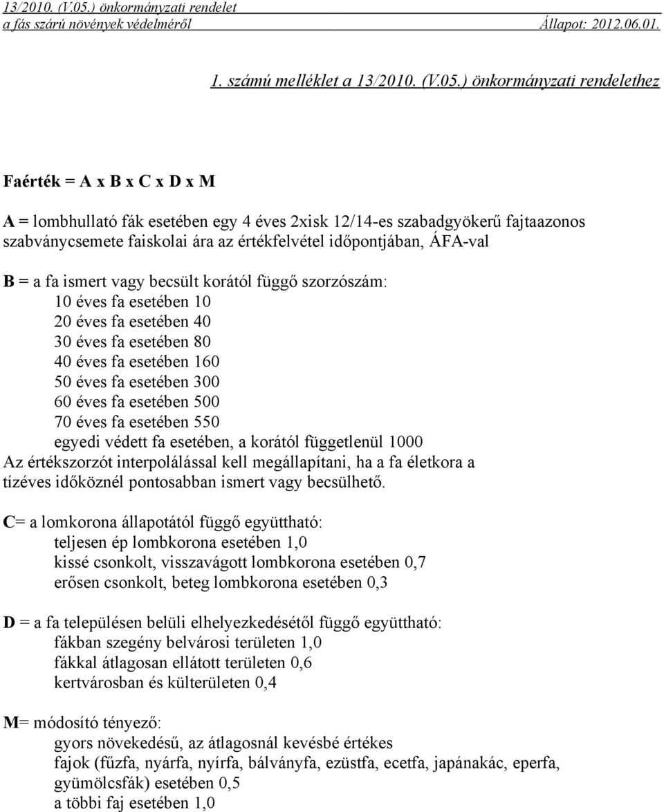 ÁFA-val B = a fa ismert vagy becsült korától függő szorzószám: 10 éves fa esetében 10 20 éves fa esetében 40 30 éves fa esetében 80 40 éves fa esetében 160 50 éves fa esetében 300 60 éves fa esetében