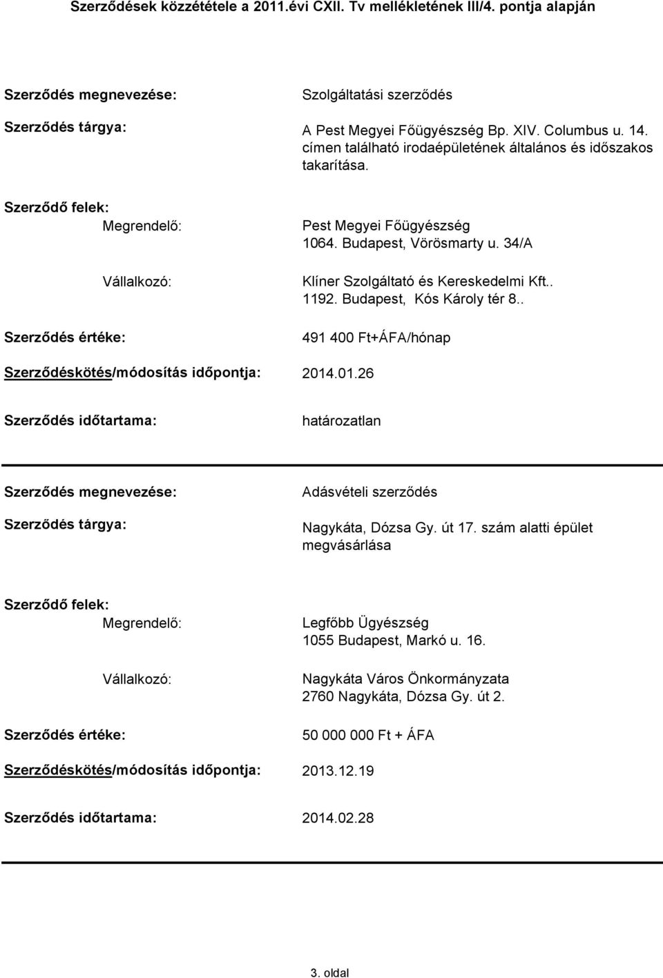 . 491 400 Ft+ÁFA/hónap Szerződéskötés/módosítás időpontja: 2014.01.26 Adásvételi szerződés Nagykáta, Dózsa Gy. út 17.