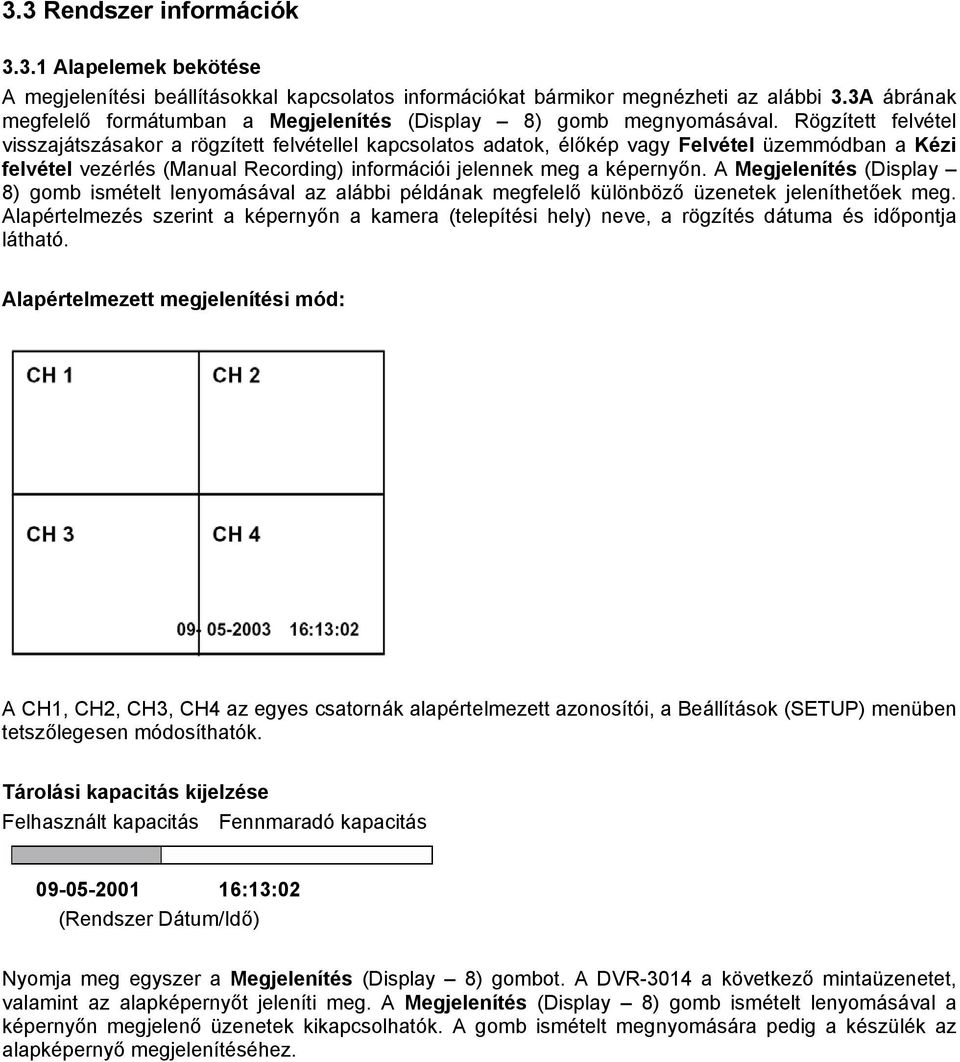 Rögzített felvétel visszajátszásakor a rögzített felvétellel kapcsolatos adatok, élőkép vagy Felvétel üzemmódban a Kézi felvétel vezérlés (Manual Recording) információi jelennek meg a képernyőn.