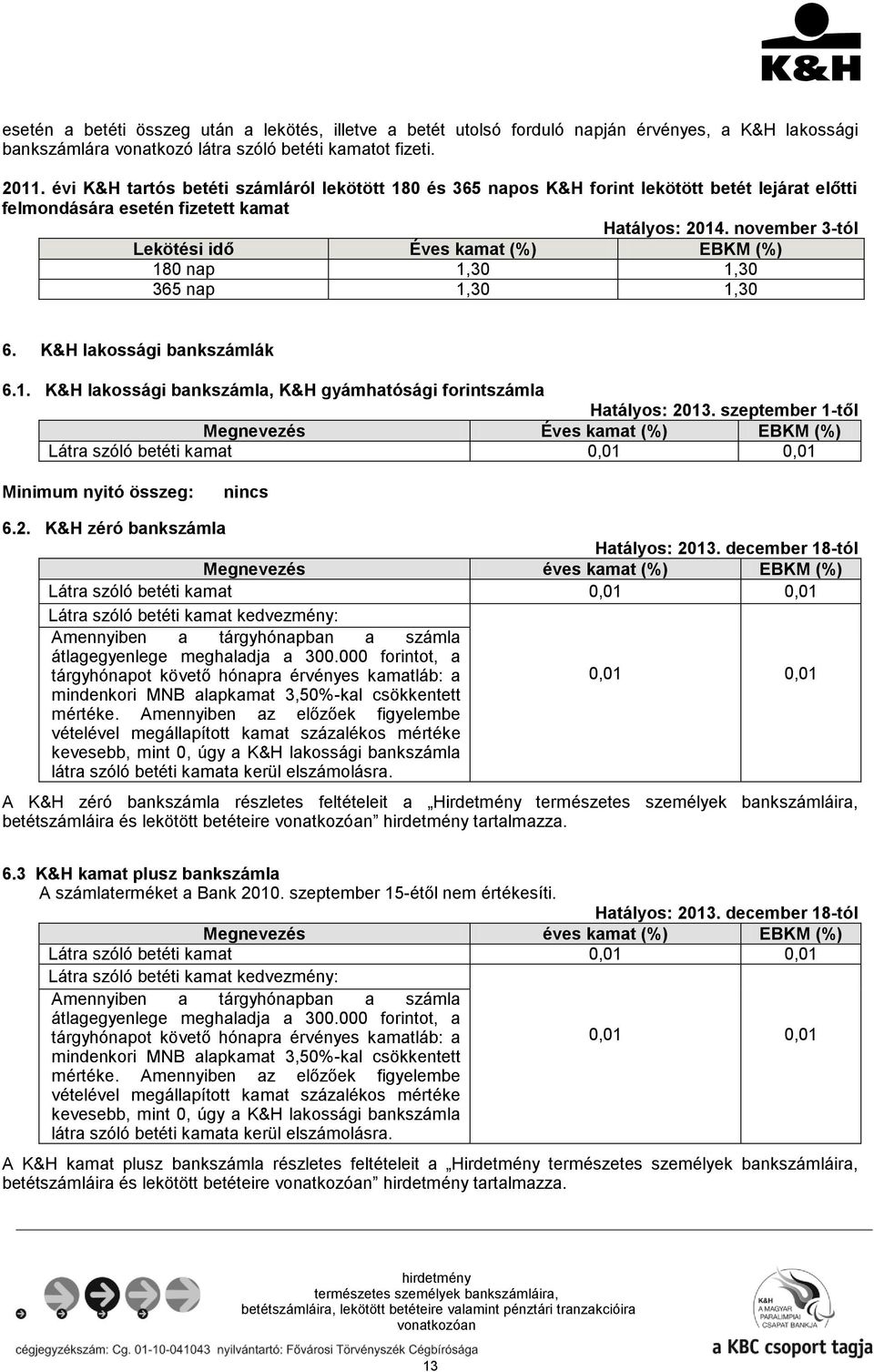 november 3-tól Lekötési idő Éves kamat (%) EBKM (%) 180 nap 1,30 1,30 365 nap 1,30 1,30 6. K&H lakossági bankszámlák 6.1. K&H lakossági bankszámla, K&H gyámhatósági forintszámla Hatályos: 2013.