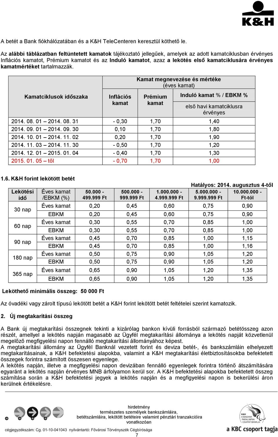 érvényes kamatmértéket tartalmazzák. Kamatciklusok időszaka Inflációs kamat Kamat megnevezése és mértéke Prémium kamat Induló kamat % / EBKM % első havi kamatciklusra érvényes 2014. 08.