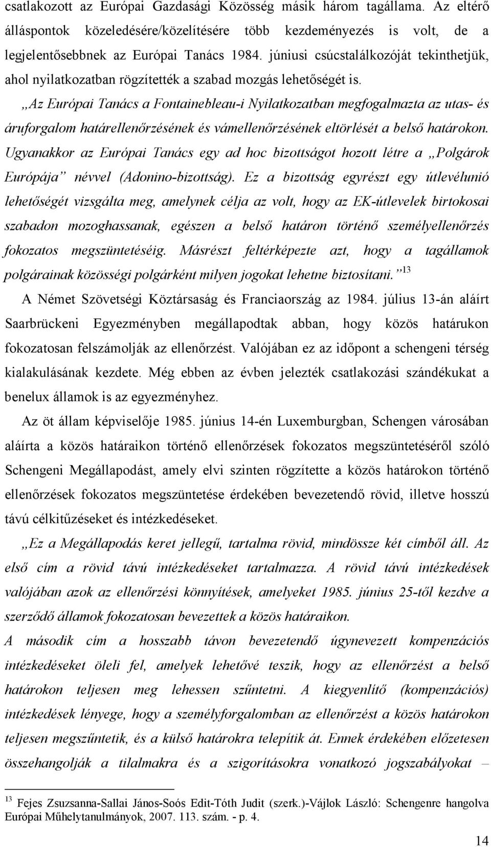 Az Európai Tanács a Fontainebleau-i Nyilatkozatban megfogalmazta az utas- és áruforgalom határellenırzésének és vámellenırzésének eltörlését a belsı határokon.