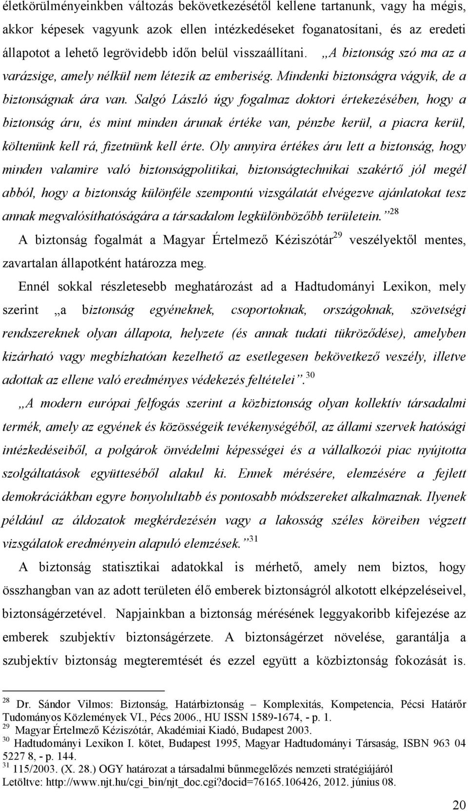 Salgó László úgy fogalmaz doktori értekezésében, hogy a biztonság áru, és mint minden árunak értéke van, pénzbe kerül, a piacra kerül, költenünk kell rá, fizetnünk kell érte.