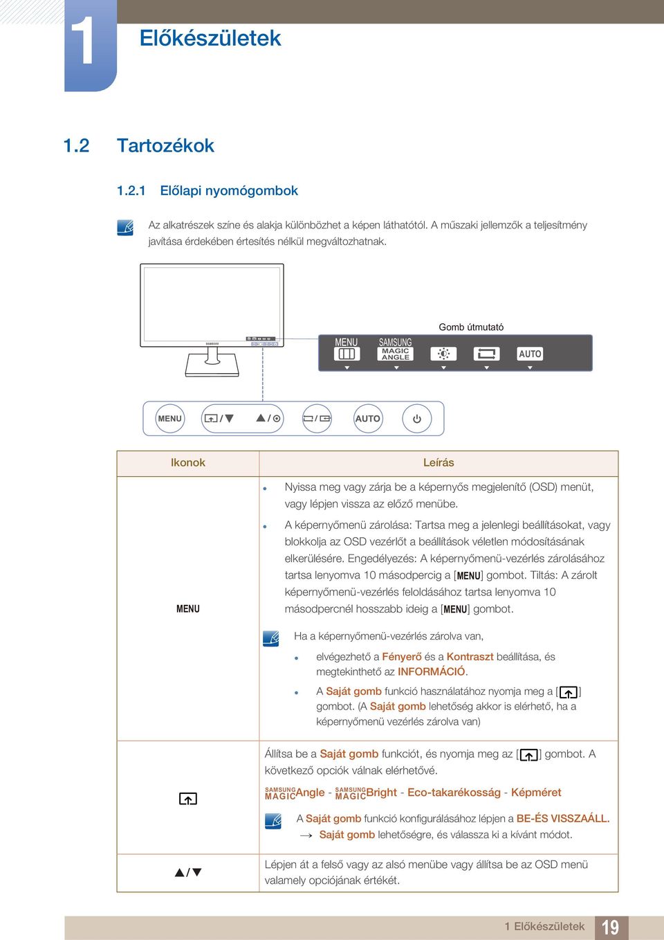 SAMSUNG MAGIC ANGLE Gomb útmutató AUTO Ikonok MENU Leírás Nyissa meg vagy zárja be a képernyős megjelenítő (OSD) menüt, vagy lépjen vissza az előző menübe.