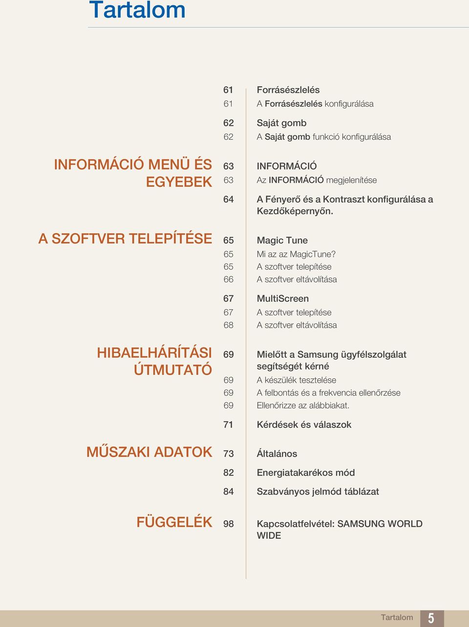 65 A szoftver telepítése 66 A szoftver eltávolítása 67 MultiScreen 67 A szoftver telepítése 68 A szoftver eltávolítása HIBAELHÁRÍTÁSI ÚTMUTATÓ 69 Mielőtt a Samsung ügyfélszolgálat segítségét