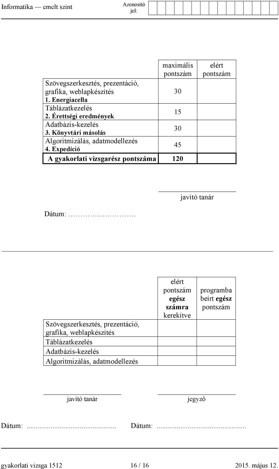 Expedíció A gyakorlati vizsgarész pontszáma 120 elért pontszám javító tanár Dátum:.