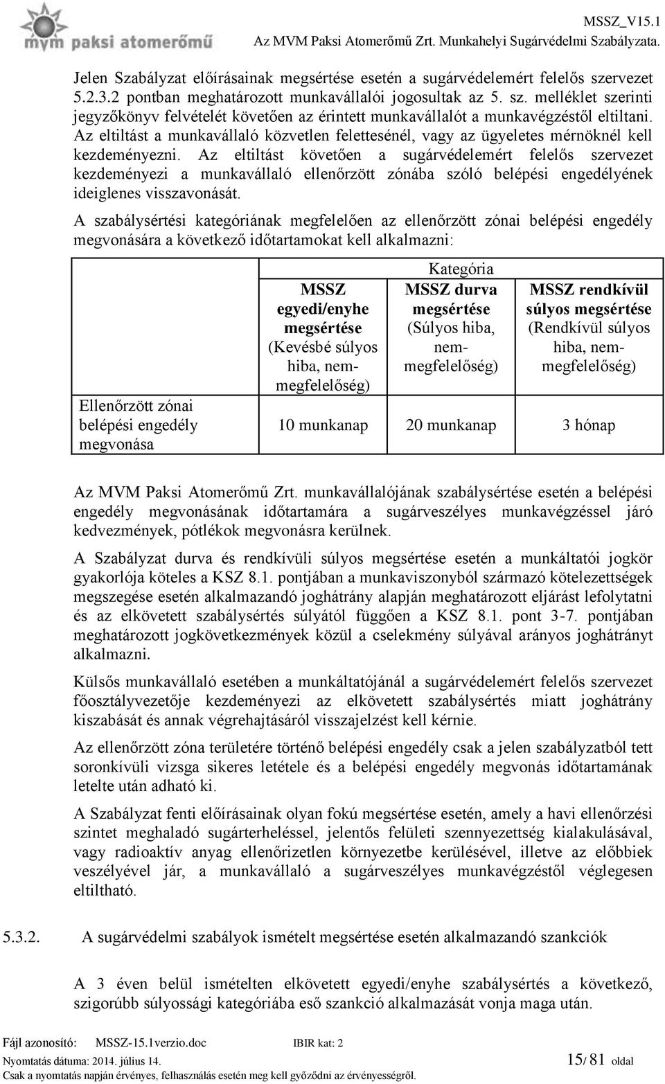 Az eltiltást követően a sugárvédelemért felelős szervezet kezdeményezi a munkavállaló ellenőrzött zónába szóló belépési engedélyének ideiglenes visszavonását.