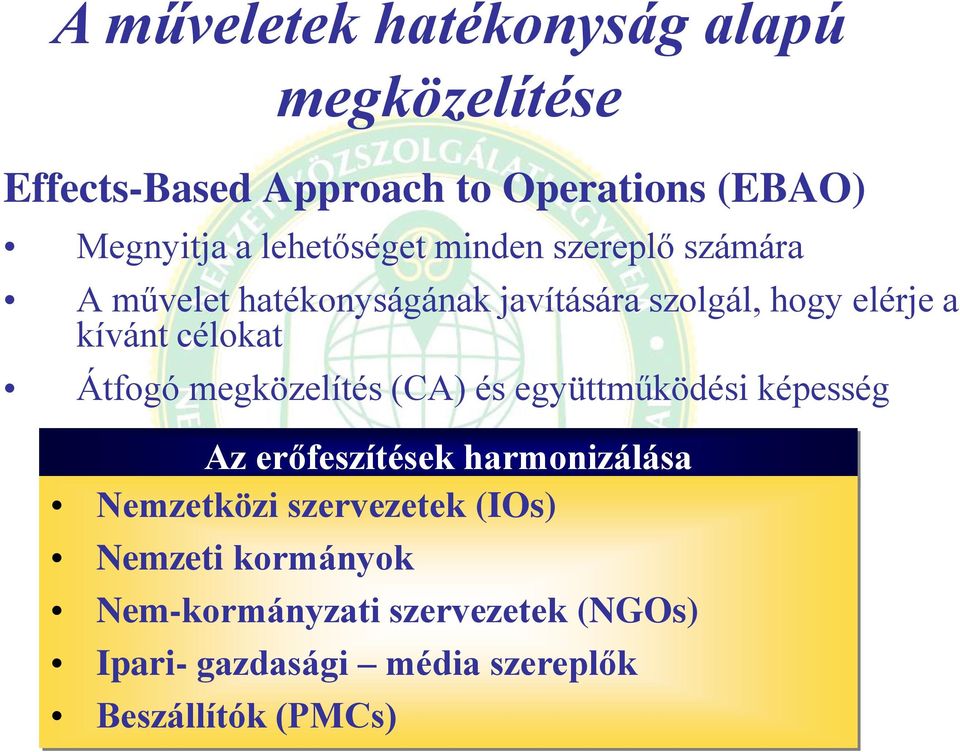 célokat Átfogó megközelítés (CA) és együttműködési képesség Az erőfeszítések harmonizálása Nemzetközi