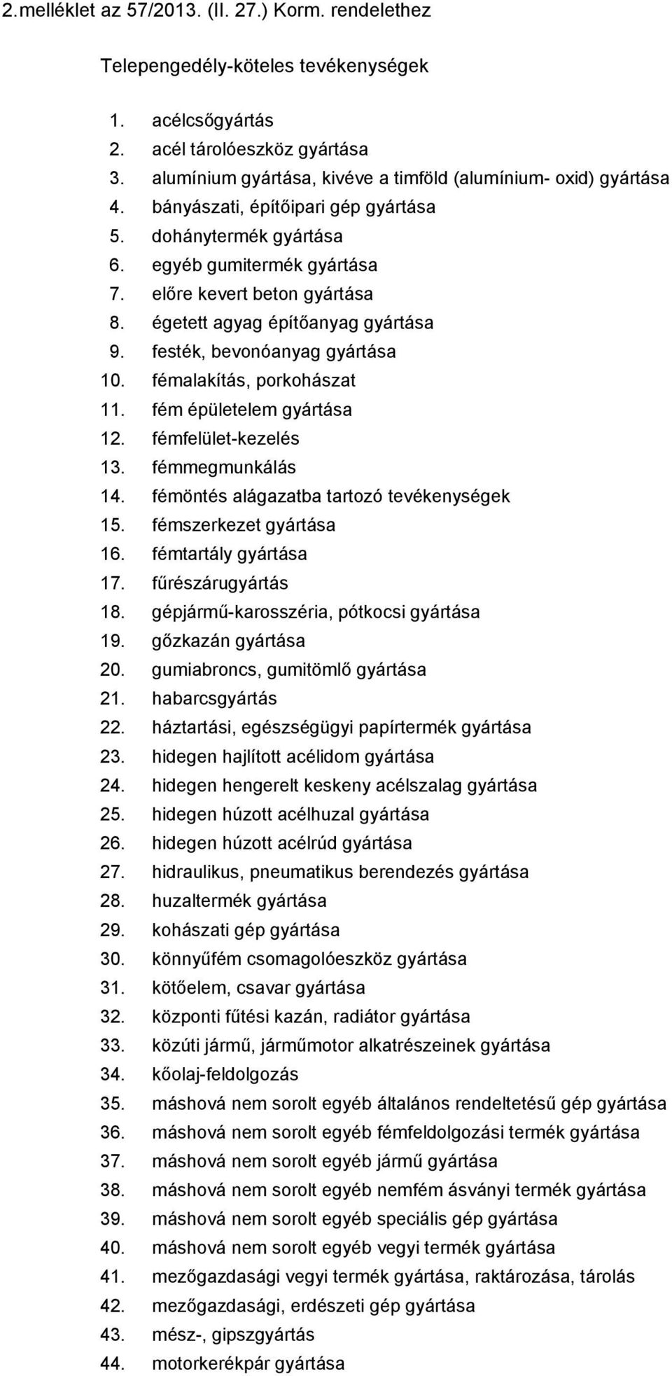 égetett agyag építőanyag gyártása 9. festék, bevonóanyag gyártása 10. fémalakítás, porkohászat 11. fém épületelem gyártása 12. fémfelület-kezelés 13. fémmegmunkálás 14.