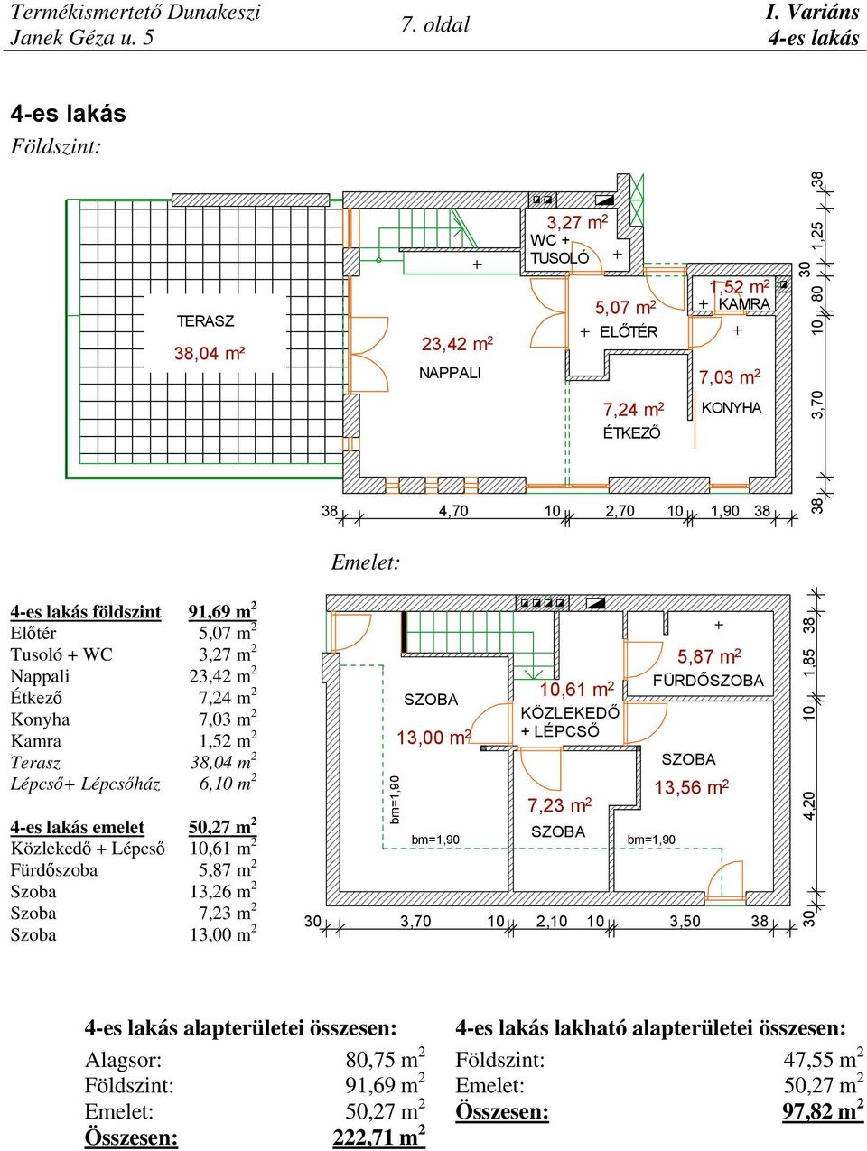 30 1,25 38 Emelet: 4-es lakás földszint 91,69 m 2 Előtér 5,07 m 2 Tusoló + WC 3,27 m 2 Nappali 23,42 m 2 Étkező 7,24 m 2 Konyha 7,03 m 2 Kamra 1,52 m 2 Terasz 38,04 m 2 Lépcső+ Lépcsőház 6,10 m 2