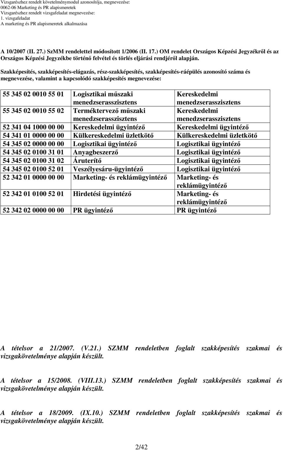 mőszaki menedzserasszisztens Kereskedelmi menedzserasszisztens 55 345 02 0010 55 02 Terméktervezı mőszaki menedzserasszisztens Kereskedelmi menedzserasszisztens 52 341 04 1000 00 00 Kereskedelmi