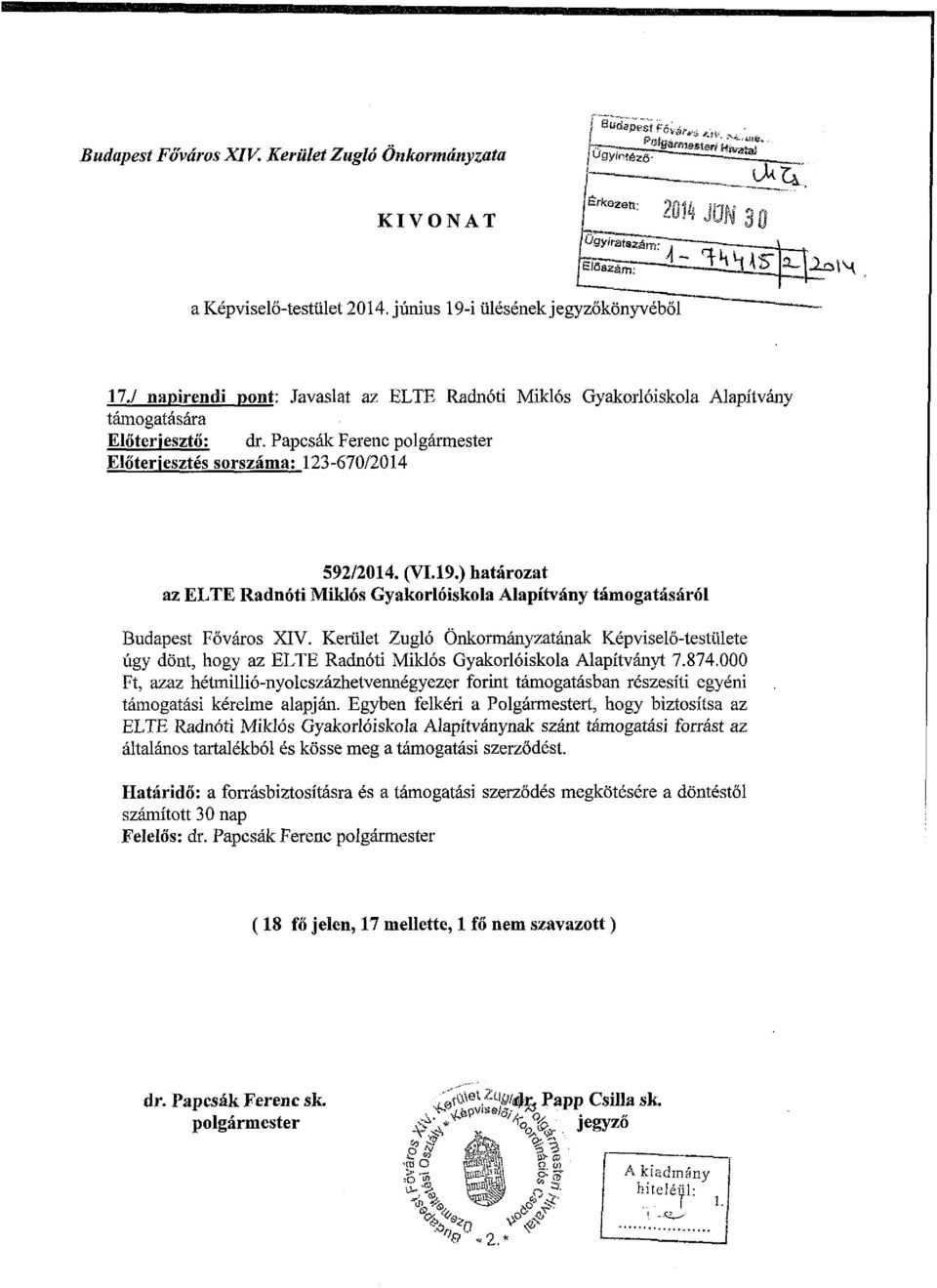 ) határozat az ELTE Radnóti Miklós Gyakorlóiskola Alapítvány támogatásáról Budapest Főváros XIV.