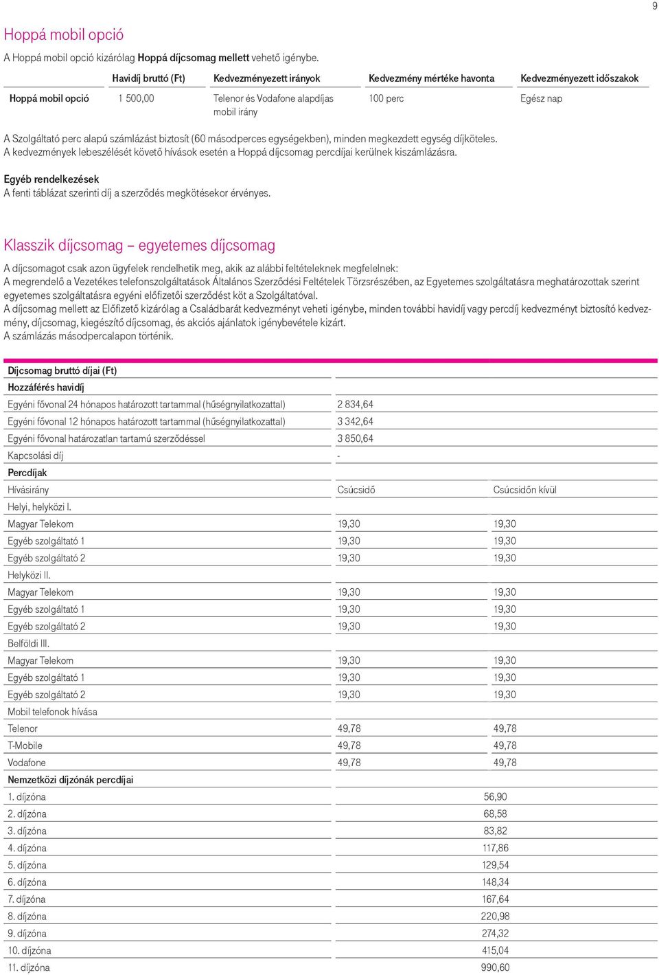 perc alapú számlázást biztosít (60 másodperces egységekben), minden megkezdett egység díjköteles. A kedvezmények lebeszélését követő hívások esetén a Hoppá díjcsomag percdíjai kerülnek kiszámlázásra.