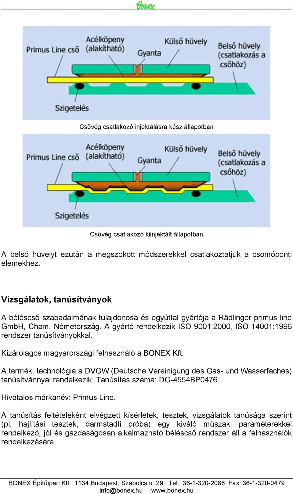 A gyártó rendelkezik ISO 9001:2000, ISO 14001:1996 rendszer tanúsítványokkal. Kizárólagos magyarországi felhasználó a BONEX Kft.