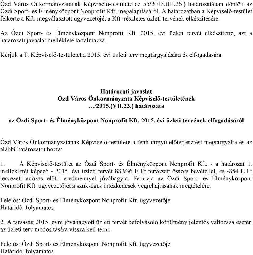 évi üzleti tervét elkészítette, azt a határozati javaslat melléklete tartalmazza. Kérjük a T. Képviselő-testületet a 2015. évi üzleti terv megtárgyalására és elfogadására.