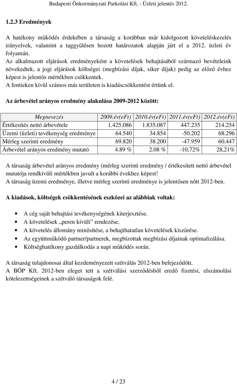 mértékben csökkentek. A fentieken kívül számos más területen is kiadáscsökkentést értünk el. Az árbevétel arányos eredmény alakulása 2009-2012 között: Megnevezés 2009.év(eFt) 2010.év(eFt) 2011.