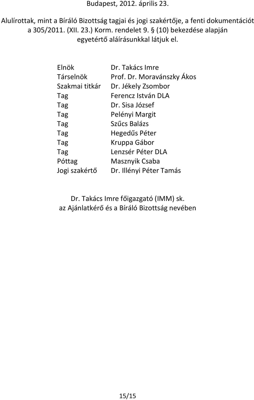 Elnök Társelnök Szakmai titkár Tag Tag Tag Tag Tag Tag Tag Póttag Jogi szakértő Dr. Takács Imre Prof. Dr. Moravánszky Ákos Dr.