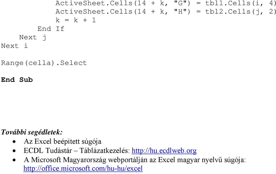 Select End Sub További segédletek: Az Excel beépített súgója ECDL Tudástár