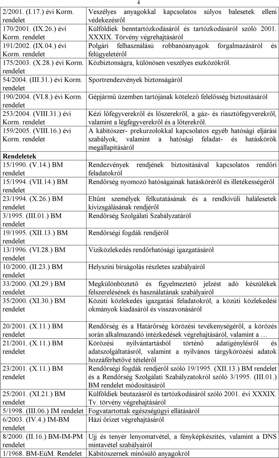 ) BM 35/2000. (XI.30.) BM 4 Veszélyes anyagokkal kapcsolatos súlyos balesetek elleni védekezésről Külföldiek benntartózkodásáról és tartózkodásáról szóló 2001. XXXIX.