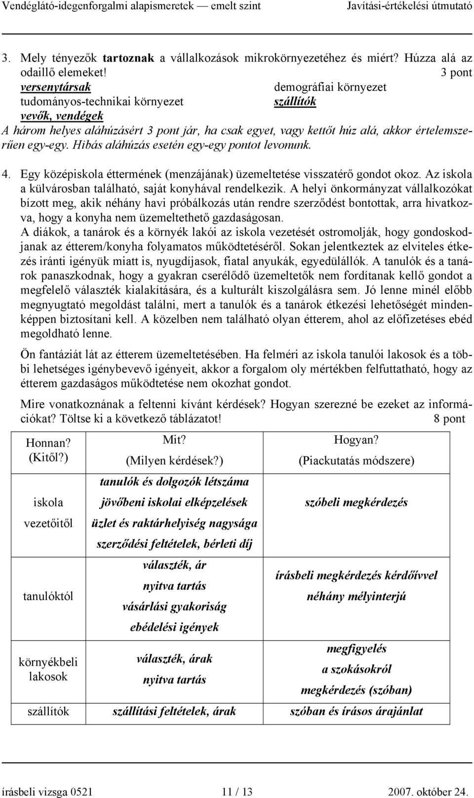 egy-egy. Hibás aláhúzás esetén egy-egy pontot levonunk. 4. Egy középiskola éttermének (menzájának) üzemeltetése visszatérő gondot okoz. Az iskola a külvárosban található, saját konyhával rendelkezik.