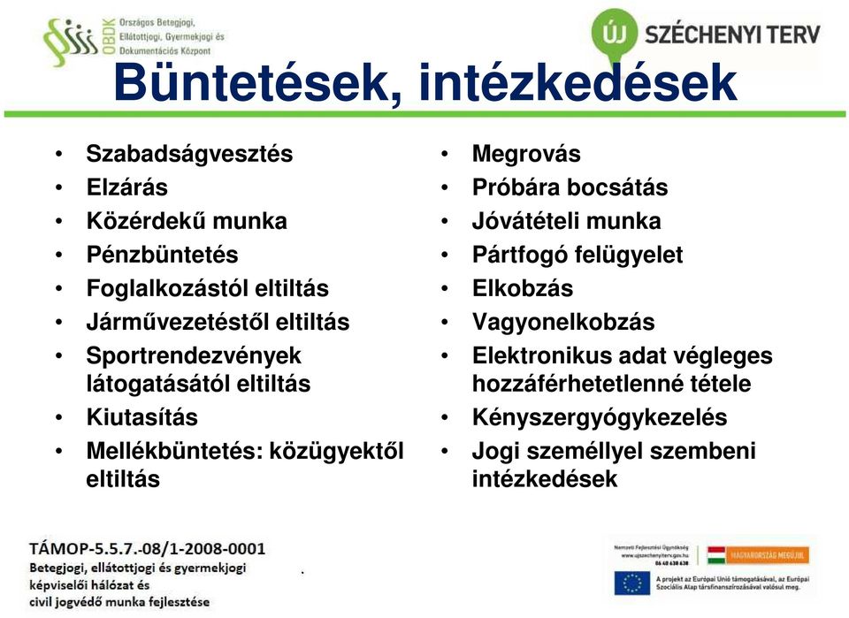 közügyektől eltiltás Megrovás Próbára bocsátás Jóvátételi munka Pártfogó felügyelet Elkobzás