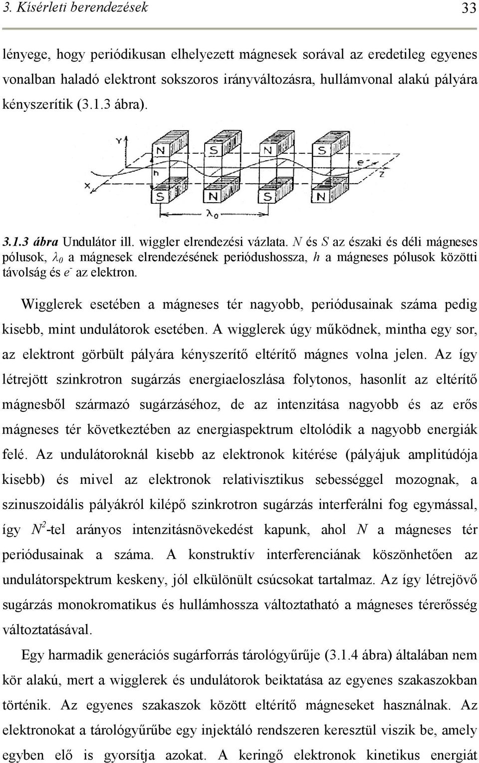 N és S az északi és déli mágneses pólusok, λ 0 a mágnesek elrendezésének periódushossza, h a mágneses pólusok közötti távolság és e - az elektron.