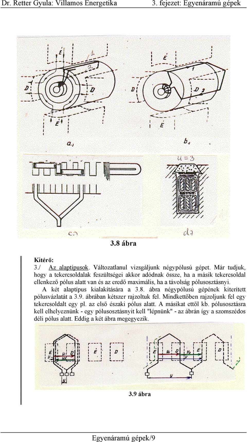 pólusosztásnyi. A két alaptípus kialakítására a 3.8. ábra négypólusú gépének kiterített pólusvázlatát a 3.9. ábrában kétszer rajzoltuk fel.