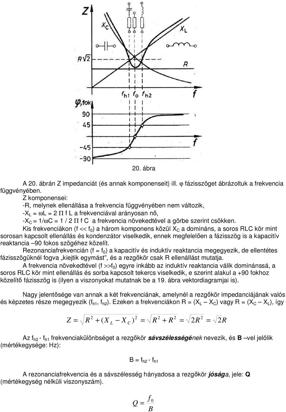 Kis frekvenciákon (f << f 0 ) a három komponens közül X C a domináns, a soros LC kör mint sorosan kapcsolt ellenállás és kondenzátor viselkedik, ennek megfelelően a fázisszög is a kapacitív