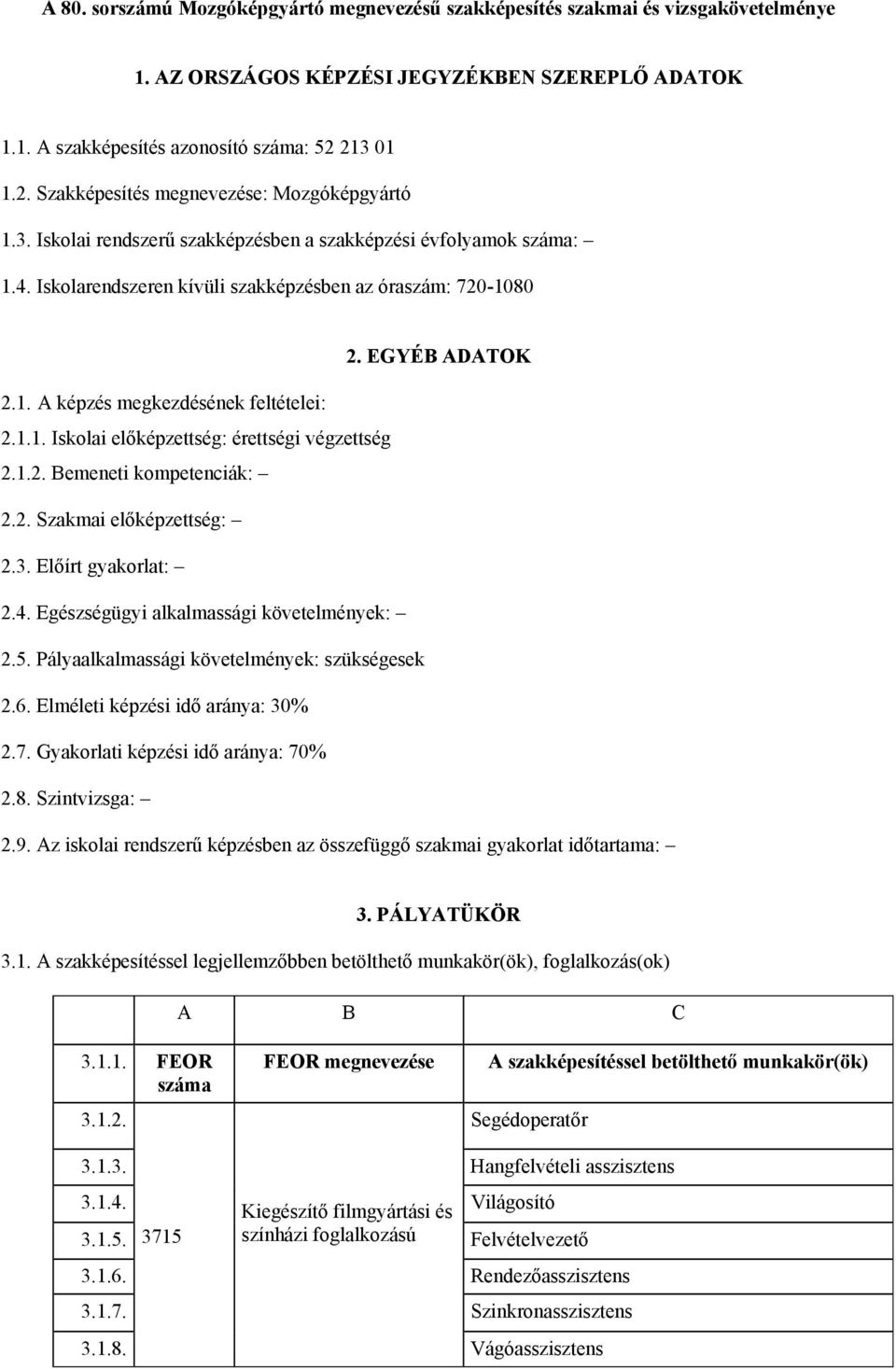 EGYÉB ADATOK 2.1. A képzés megkezdésének feltételei: 2.1.1. Iskolai előképzettség: érettségi végzettség 2.1.2. Bemeneti kompetenciák: 2.2. Szakmai előképzettség: 2.3. Előírt gyakorlat: 2.4.