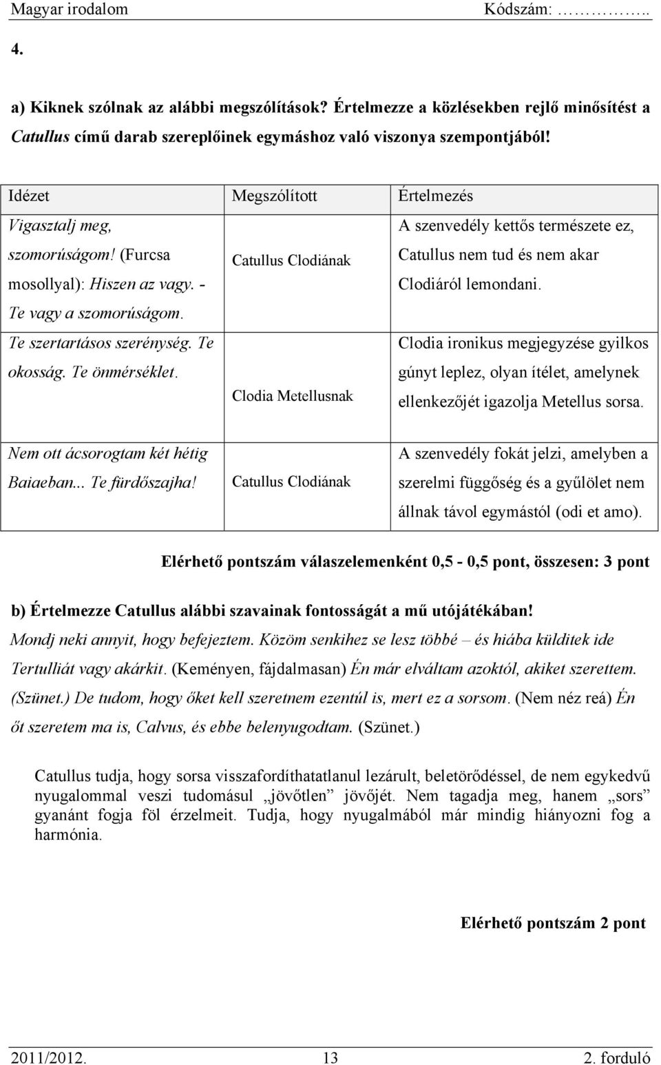 - Catullus Clodiának A szenvedély kettős természete ez, Catullus nem tud és nem akar Clodiáról lemondani. Te vagy a szomorúságom. Te szertartásos szerénység. Te okosság. Te önmérséklet.