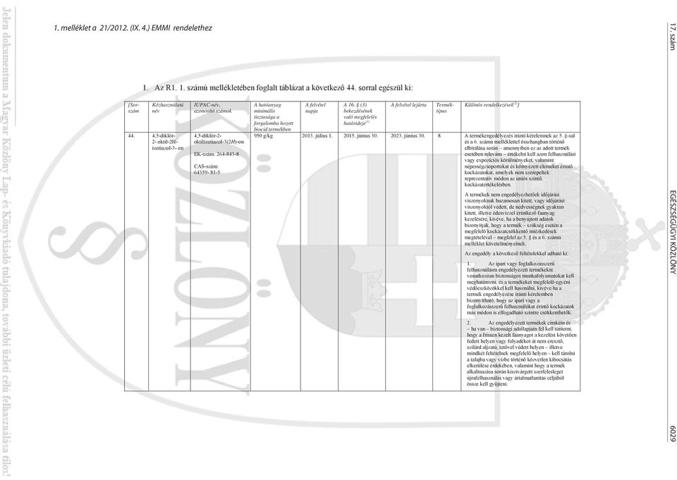 forgalomba hozott biocid termékben A felvétel napja A 16. (3) bekezdésének való megfelelés határideje (1) A felvétel lejárta [Sorszám Különös rendelkezések (2) ] 950 g/kg 2013. július 1. 2015.