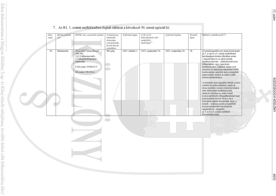 biocid termékben A felvétel napja A 16. (3) bekezdésének való megfelelés határideje (1) A felvétel lejárta [Sorszám Terméktípus Különös rendelkezések (2) ] 985 g/kg 2013. október 1. 2015.