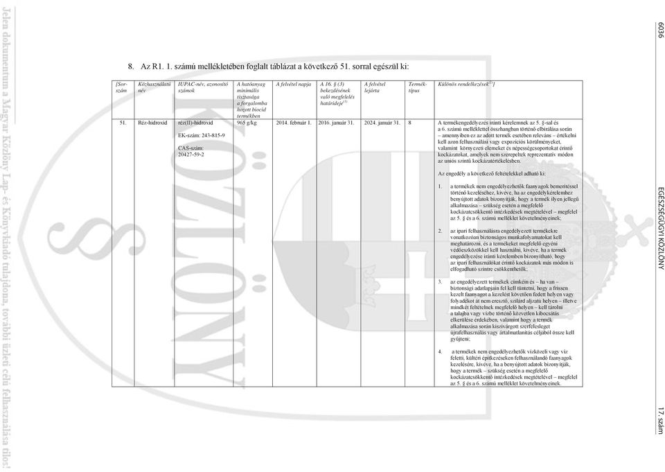 (3) bekezdésének való megfelelés határideje (1) A felvétel lejárta [Sorszám Terméktípus Különös rendelkezések (2) ] 965 g/kg 2014. február 1. 2016. január 31.