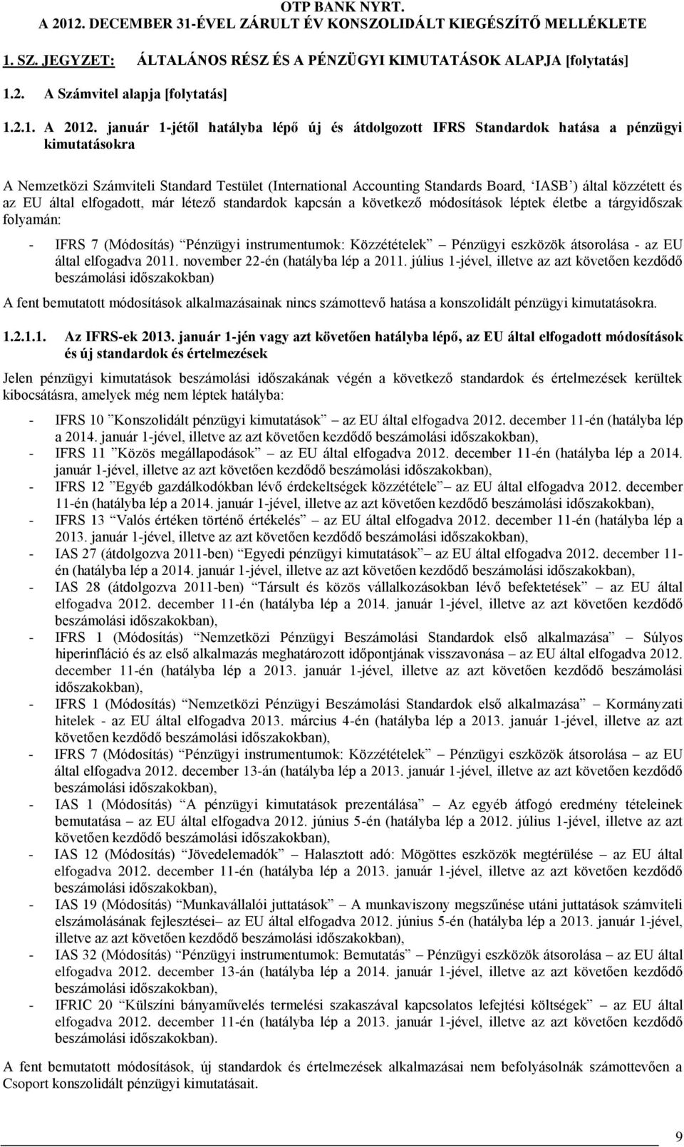 közzétett és az EU által elfogadott, már létező standardok kapcsán a következő módosítások léptek életbe a tárgyidőszak folyamán: IFRS 7 (Módosítás) Pénzügyi instrumentumok: Közzétételek Pénzügyi