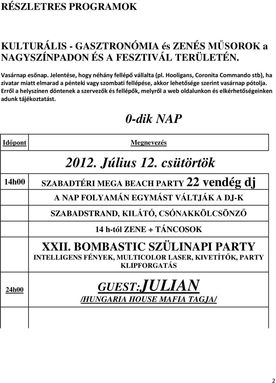 Erről a helyszínen döntenek a szervezők és fellépők, melyről a web oldalunkon és elkérhetőségeinken adunk tájékoztatást. 0-dik NAP Időpont 14h00 Megnevezés 2012. Július 12.